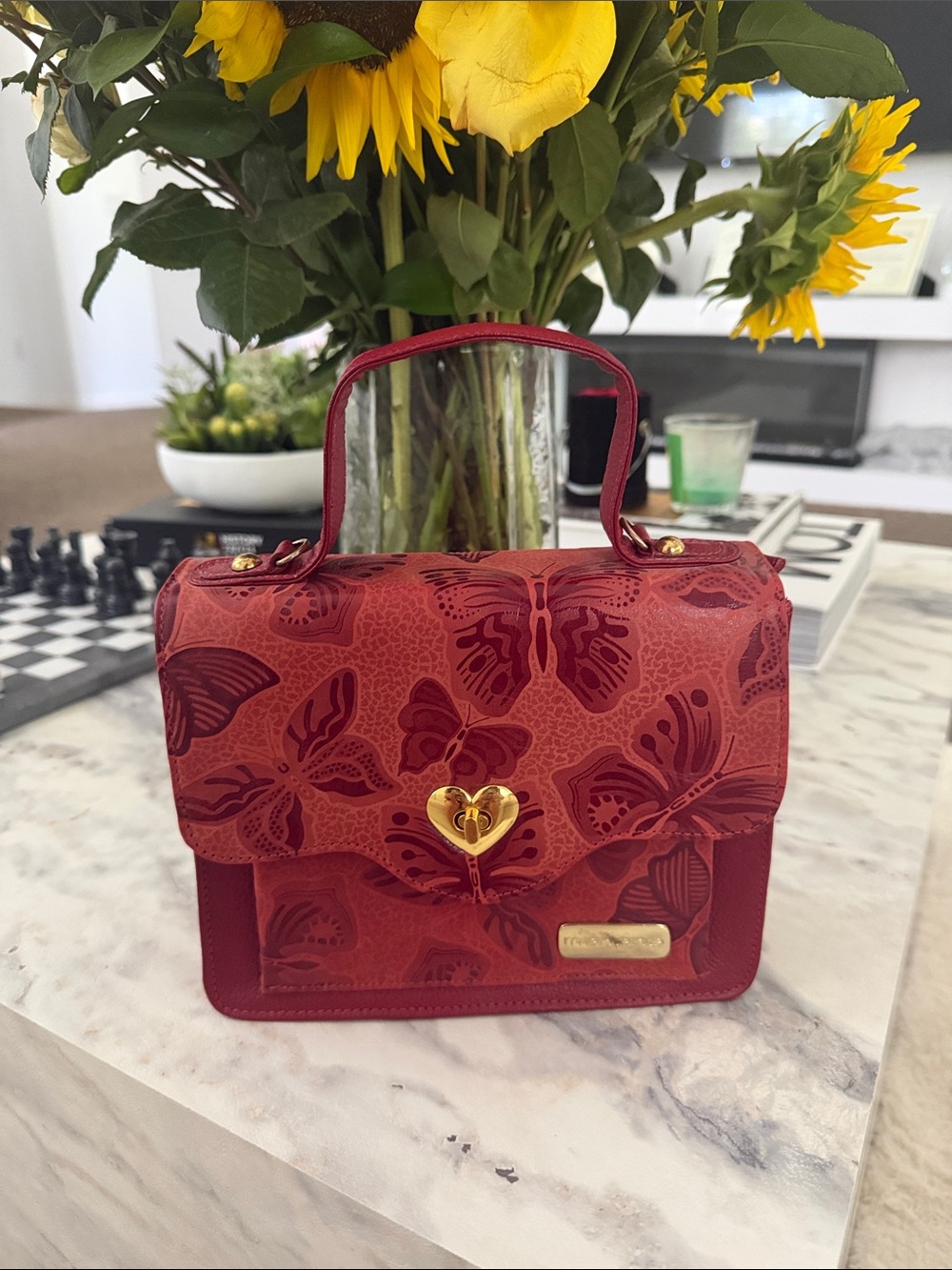 100% Real Authentic Leather Red Butrerfly Purse